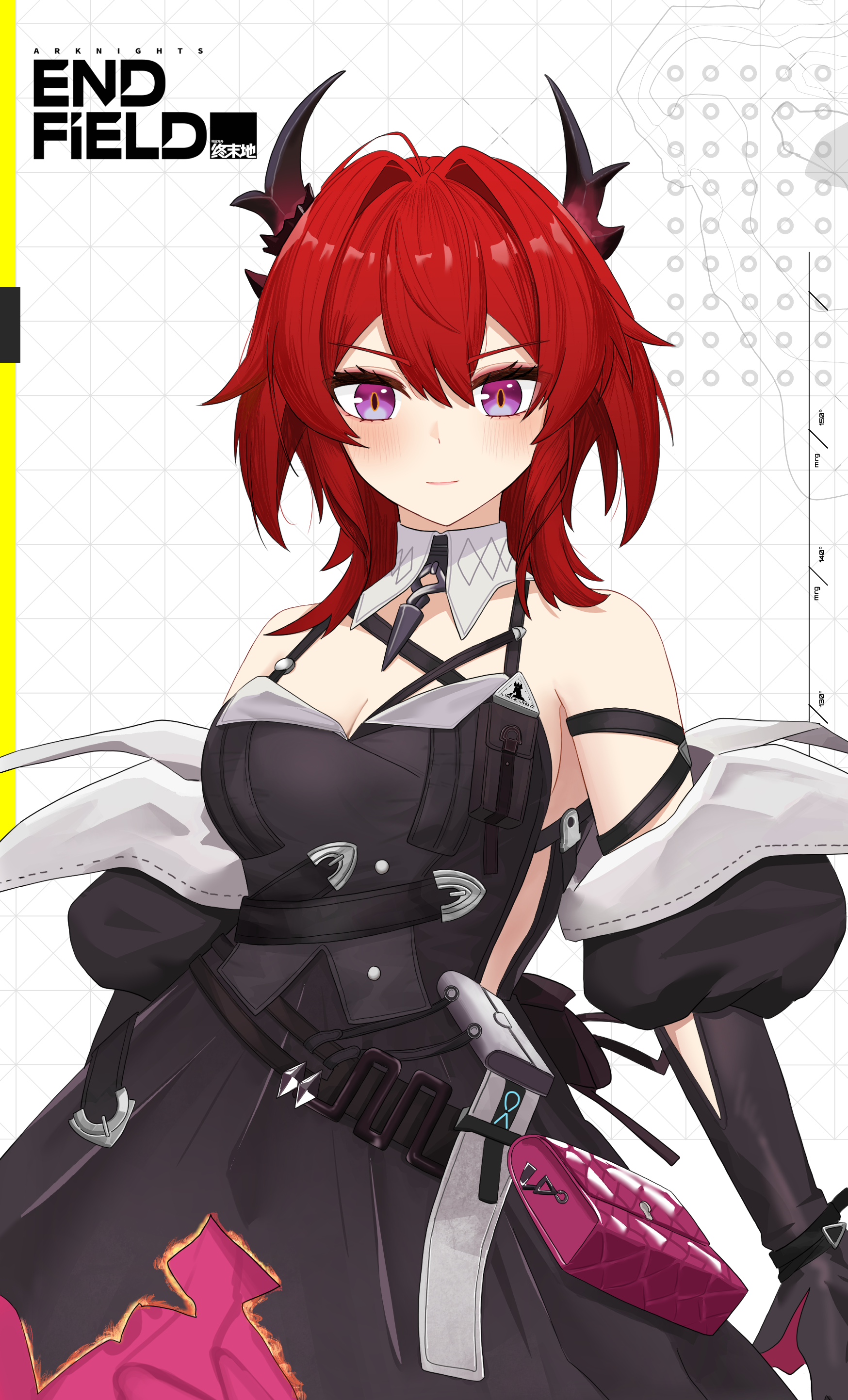 keaworks, laevatein (arknights), surtr (arknights), arknights, arknights: endfield, absurdres, highres, 1girl, black dress, breasts, cleavage, detached sleeves, dress, hair intakes, horns, juliet sleeves, long sleeves, looking at viewer, medium hair, puffy sleeves, purple eyes, red hair, sleeveless, sleeveless dress, smile, solo, spaghetti strap