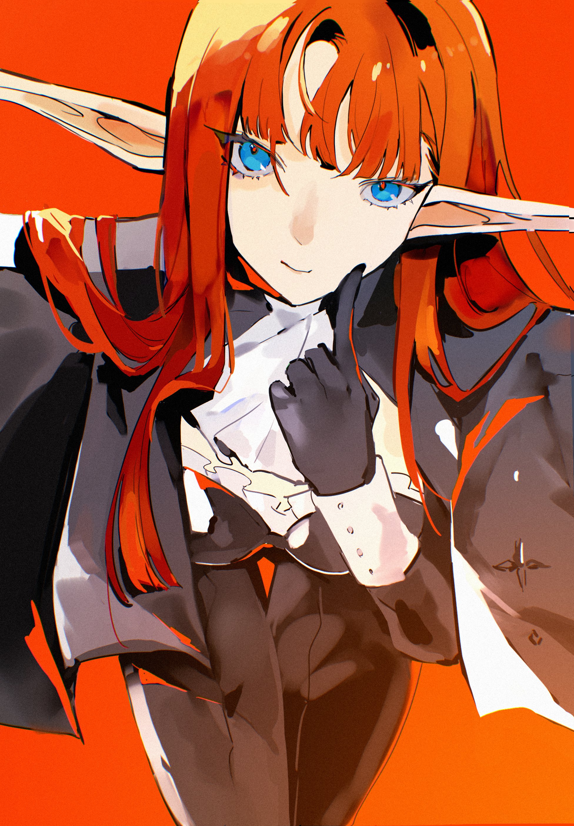 mina (mina st4r), hulkenberg (metaphor: refantazio), metaphor: refantazio, absurdres, commentary request, highres, 1girl, ascot, black capelet, black gloves, black pants, blue eyes, capelet, closed mouth, finger to mouth, gloves, long hair, long sleeves, looking at viewer, orange background, pants, pointy ears, red hair, simple background, solo, white ascot