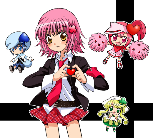 hinamori amu, shugo chara!, 4girls, blonde hair, blue eyes, blue hair, blush, cheerleader, everyone, four-finger heart hands, frills, gathers, green eyes, hat, heart, heart hands, heart in heart hands, jewelry, multiple girls, necktie, pink eyes, pink hair, pleated skirt, pom pom (cheerleading), school uniform, serafuku, short hair, skirt, yellow eyes