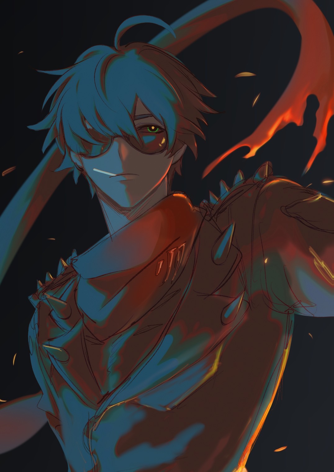 lighter (zenless zone zero), zenless zone zero, commentary request, highres, 1boy, ahoge, black background, black jacket, black shirt, cigarette, closed mouth, floating scarf, frown, glowing pupils, jacket, lapels, male focus, one eye covered, parted bangs, red scarf, rot 8642, scarf, shirt, short hair, shoulder spikes, solo, spikes, sunglasses, upper body