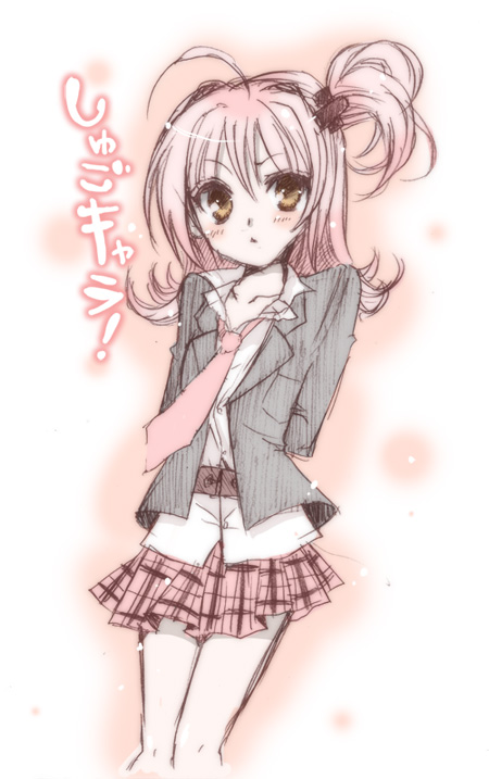 hinamori amu, shugo chara!, 1girl, blush, female focus, flat chest, necktie, pink hair, school uniform, serafuku, short hair, skirt, solo, yellow eyes