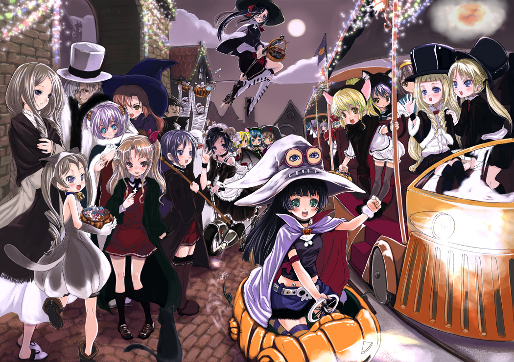 mikazukimo, hiiragi kagami, hiiragi tsukasa, izumi konata, nagato yuki, suzumiya haruhi, lucky star, original, suzumiya haruhi no yuuutsu, 00s, 2boys, 6+girls, animal ears, cat ears, cat tail, halloween, hat, multiple boys, multiple girls, sisters, standing, tail, top hat, twins, witch hat