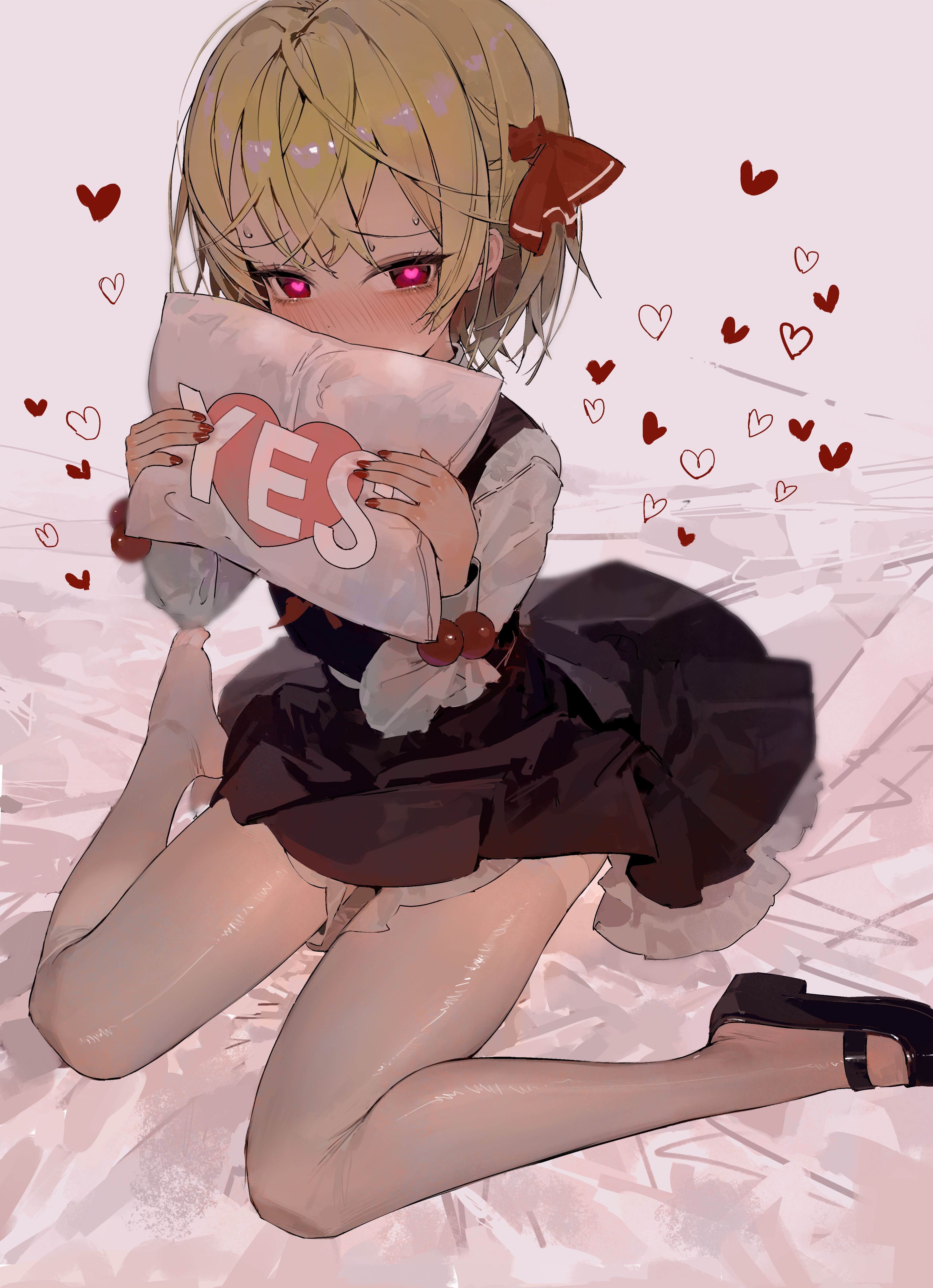 ya yuan, rumia, touhou, absurdres, highres, 1girl, black shoes, black skirt, black vest, blonde hair, blush, covering own mouth, dated commentary, full body, furrowed brow, hair ribbon, heart, heart-shaped pupils, holding, holding pillow, long sleeves, looking at viewer, mary janes, neckerchief, pantyhose, pillow, pink pupils, red eyes, red nails, red neckerchief, red ribbon, ribbon, shirt, shoes, short hair, single shoe, sitting, skirt, solo, symbol-shaped pupils, thighband pantyhose, vest, wariza, white pantyhose, white shirt, yes-no pillow