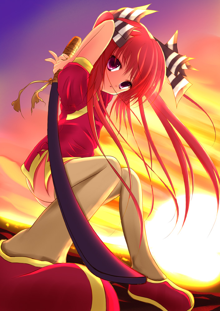 merumeru, kooh (pangya), pangya, 1girl, china dress, chinese clothes, dress, female focus, purple eyes, red hair, solo, sunset, sword, thighhighs, twintails, weapon