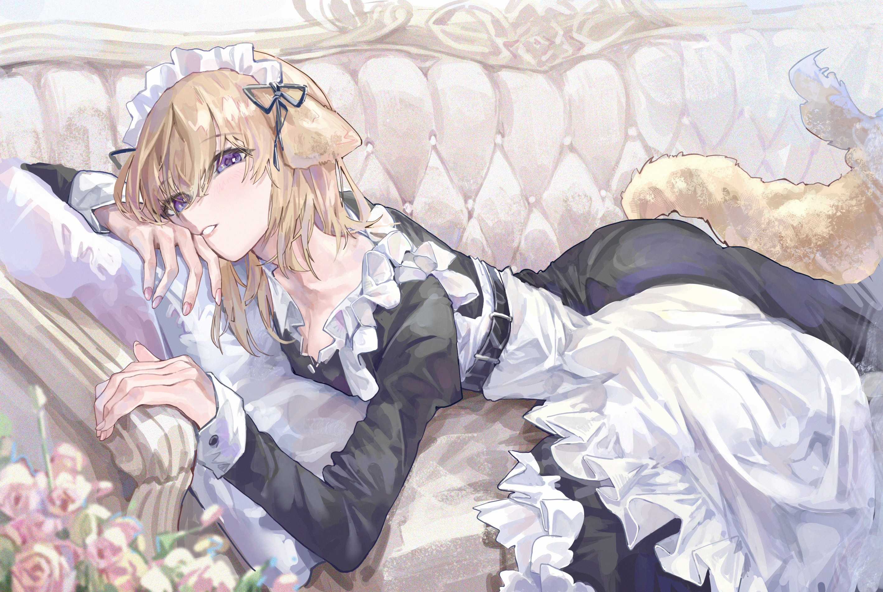 blacky1266859, misumi uika, arknights, bang dream!, bang dream! it's mygo!!!!!, commentary, highres, photoshop (medium), 1girl, animal ears, art program in frame, black dress, blonde hair, breasts, cleavage, couch, dog ears, dog girl, dog tail, dress, flower, hair between eyes, long sleeves, lying, maid, maid headdress, medium hair, misumi uika (caged singer), open mouth, pink flower, pink rose, purple eyes, rose, solo, tail