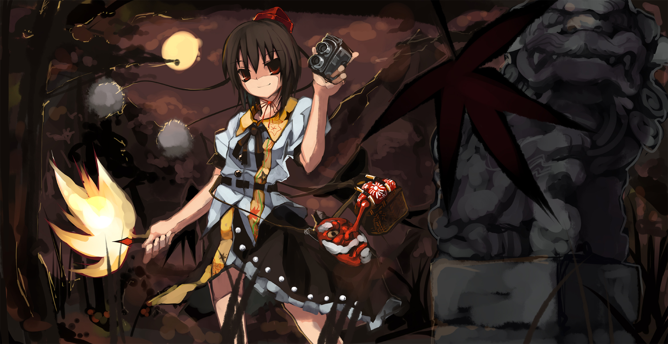 shimadoriru, shameimaru aya, touhou, highres, 1girl, basket, camera, female focus, hand fan, hat, mask, moon, outdoors, plant, sky, solo, standing, statue, tengu mask, tokin hat, twin-lens reflex camera