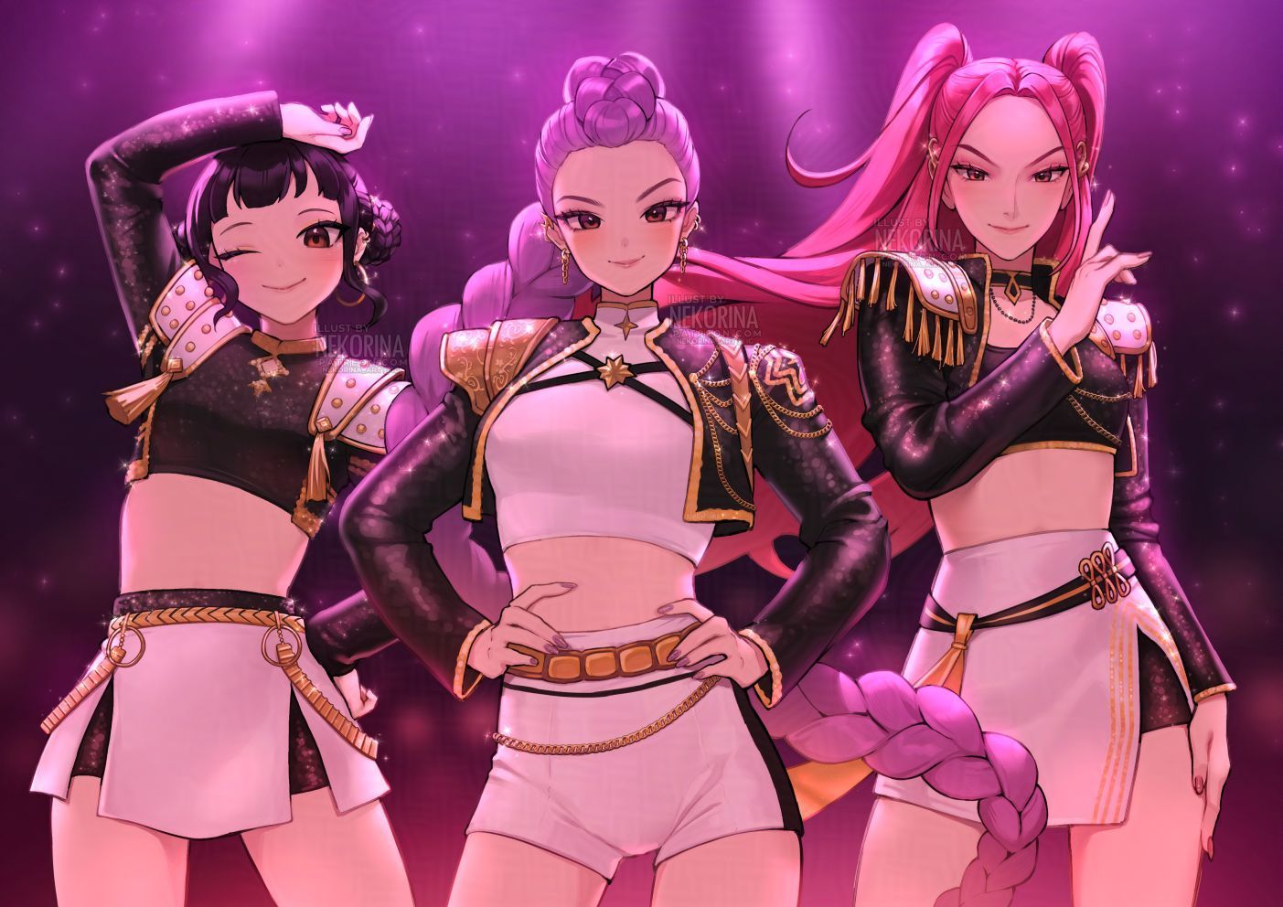 neko-rina, mira (kpop demon hunters), rumi (kpop demon hunters), zoey (kpop demon hunters), kpop demon hunters, commentary, english commentary, 3girls, arm up, black hair, braid, braided ponytail, brown eyes, cowboy shot, crop top, double bun, hair bun, hands on own hips, long hair, looking at viewer, multiple girls, one eye closed, pink hair, purple hair, shorts, sidelocks, skirt, smile, white shorts