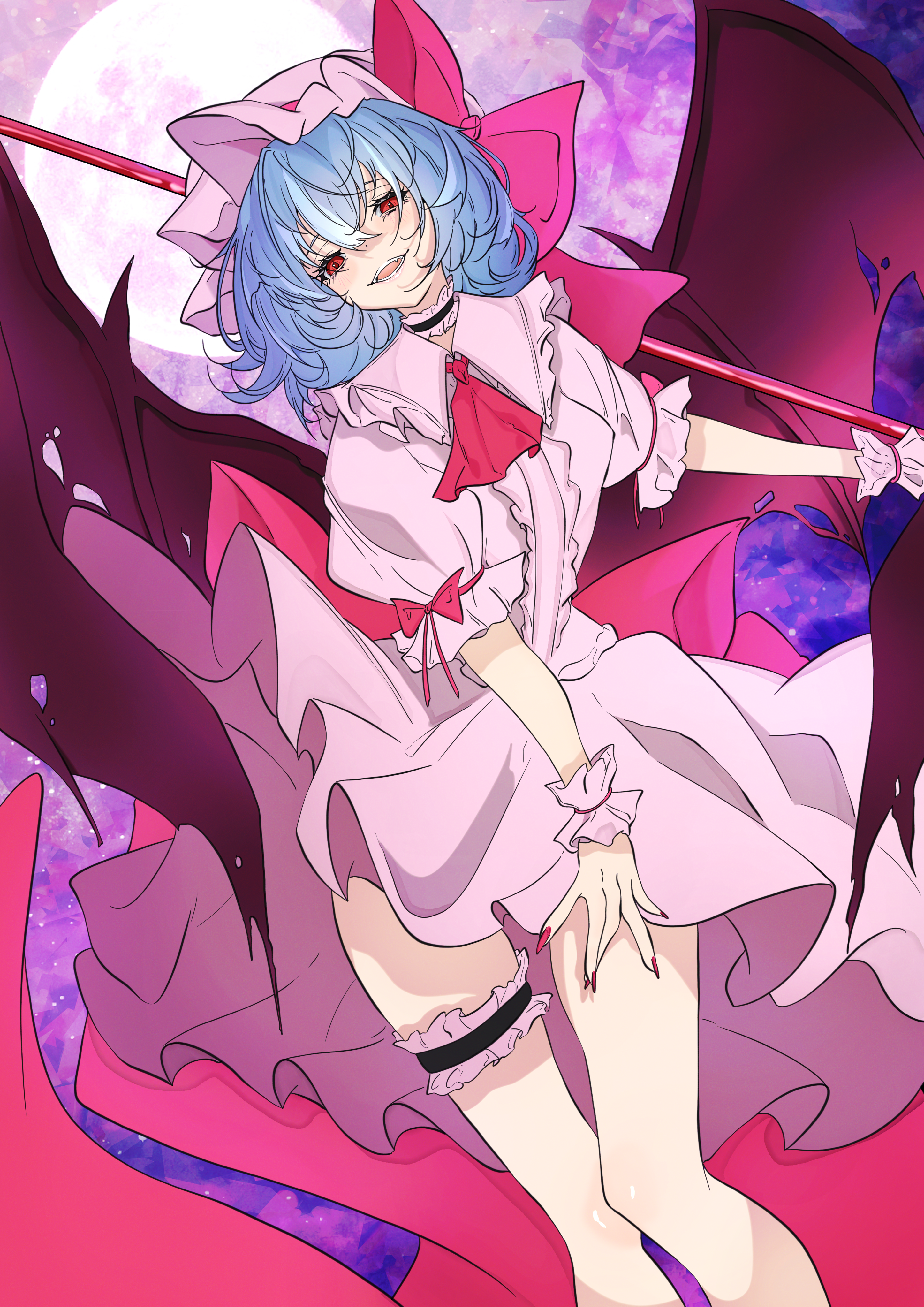 unanooo (fthx7532), remilia scarlet, touhou, absurdres, commentary, highres, 1girl, ||/, ascot, bat wings, black choker, blue hair, choker, collared shirt, dutch angle, feet out of frame, fingernails, frilled choker, frilled shirt collar, frilled sleeves, frilled thigh strap, frills, full moon, hair between eyes, hat, hat ribbon, holding, holding polearm, holding weapon, looking at viewer, medium hair, mob cap, moon, open mouth, pink hat, pink shirt, pink skirt, polearm, puffy short sleeves, puffy sleeves, red ascot, red eyes, red nails, red ribbon, ribbon, sharp fingernails, shirt, short sleeves, skirt, skirt set, smile, solo, spear the gungnir, teeth, thigh strap, weapon, wings, wrist cuffs