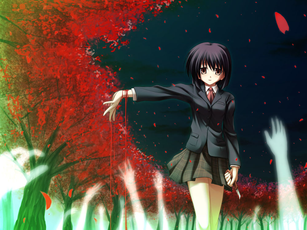 yuku (kiollion), copyright request, 1girl, black hair, blood, boxcutter, brown eyes, cherry blossoms, female focus, ghost, knife, petals, school uniform, self-harm, serafuku, short hair, solo, transparent, tree, wrist cutting