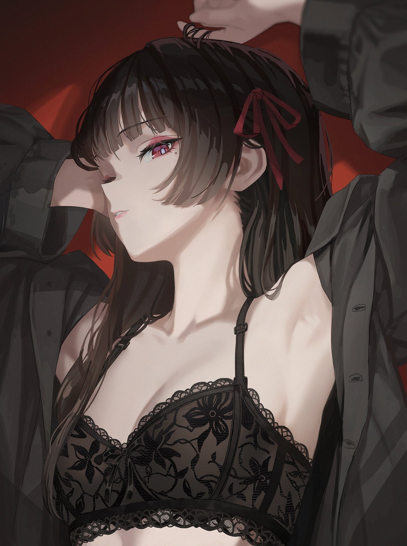 ddcc0123, chisa (wuthering waves), wuthering waves, commentary, highres, 1girl, armpits, arms up, black bra, black hair, black shirt, bra, breasts, cleavage, collarbone, hair ribbon, long hair, looking at viewer, medium breasts, open clothes, open shirt, parted lips, red background, red eyes, red ribbon, ribbon, shirt, solo, underwear, upper body