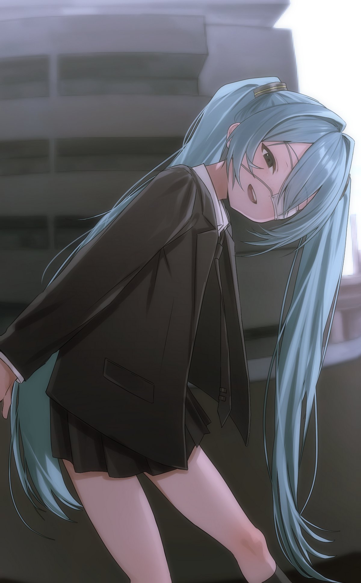 akira (nupekwa), hatsune miku, highres, 1girl, aqua hair, arms behind back, black jacket, black necktie, black skirt, blazer, blue hair, blurry, blurry background, collared shirt, cowboy shot, eyepatch, formal clothes, hair intakes, indoors, jacket, leaning forward, long hair, long sleeves, looking at viewer, medical eyepatch, miniskirt, necktie, open clothes, open jacket, open mouth, pleated skirt, shirt, skirt, smile, solo, suit, twintails, very long hair, white shirt