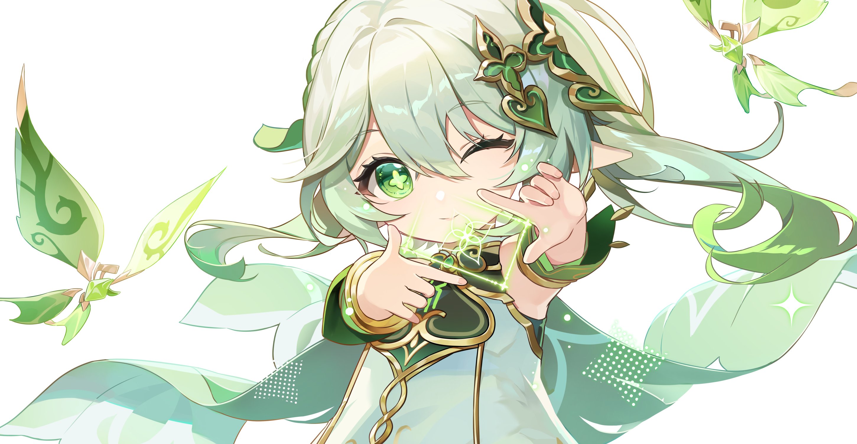 didtldms0312, nahida (genshin impact), genshin impact, commentary request, highres, korean commentary, 1girl, ;), bare shoulders, cape, closed mouth, detached sleeves, finger frame, gold trim, gradient hair, green cape, green eyes, green hair, green sleeves, hair between eyes, hair ornament, hands up, leaf hair ornament, long hair, looking at viewer, multicolored hair, one eye closed, pointy ears, side ponytail, simple background, sleeveless, smile, solo, star-shaped pupils, star (symbol), symbol-shaped pupils, white background, white hair
