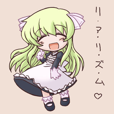 ikkyuu, media (pani poni), pani poni dash!, lowres, 00s, 1girl, :d, ^ ^, black dress, blush, bobby socks, chibi, closed eyes, dress, female focus, full body, green hair, long hair, long sleeves, mary janes, open mouth, pink background, shoes, simple background, smile, socks, solo, standing, white socks