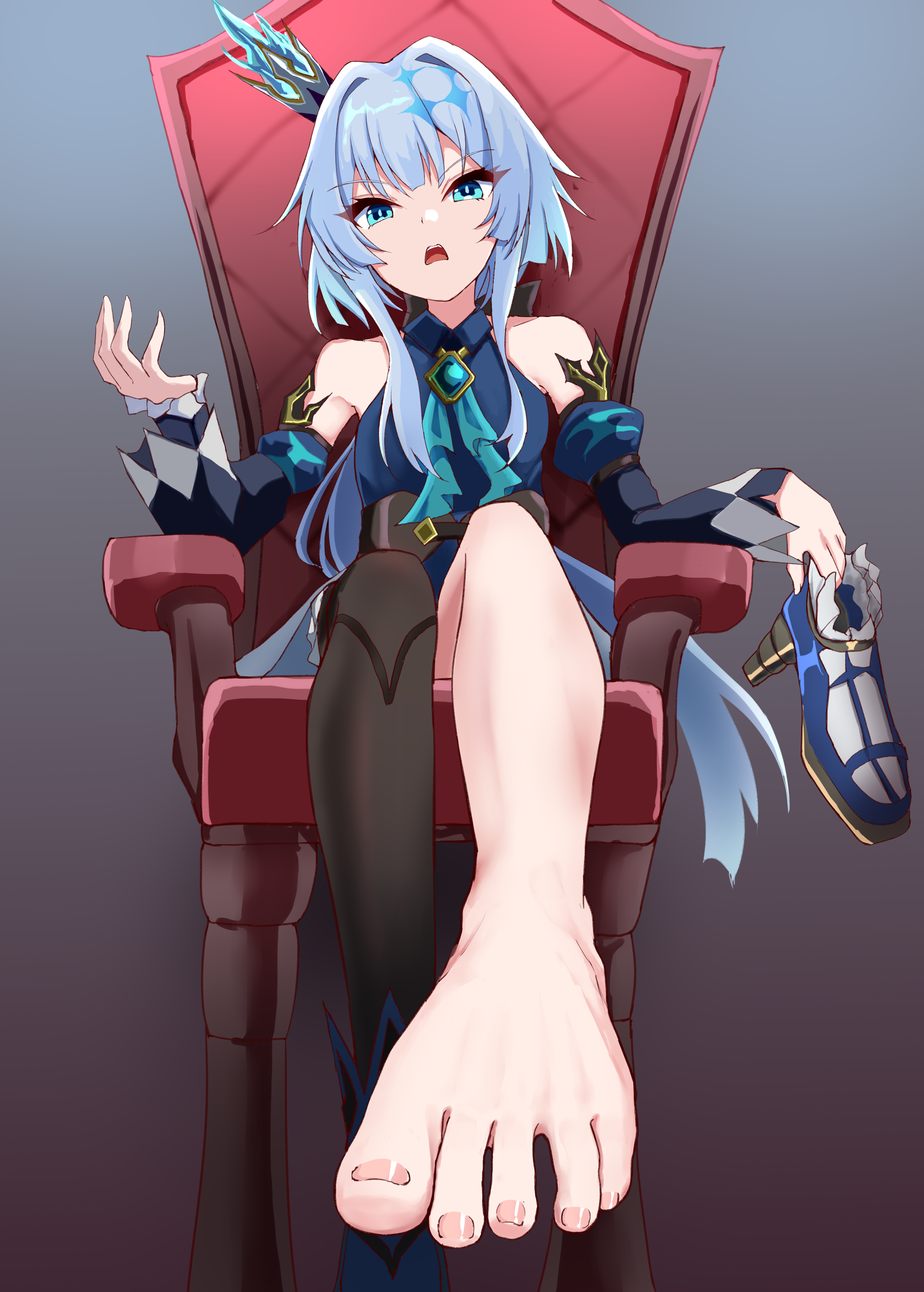 iberiko (soinesitai), cerydra (honkai: star rail), honkai: star rail, honkai (series), absurdres, highres, 1girl, armchair, barefoot, blue eyes, blue hair, chair, feet, long hair, looking at viewer, open mouth, shoes, single thighhigh, sitting, thighhighs, toes, unworn shoes