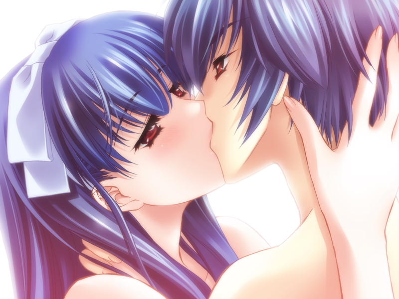 carnelian, kamiazuma touka, kawakabe momoka, touka gettan, game cg, 00s, 1boy, 1girl, blue hair, eye contact, fingernails, hetero, kiss, long hair, looking at another, purple hair, red eyes, short hair