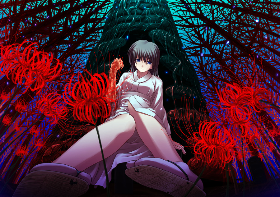 yuku (kiollion), original, against tree, aqua hair, blood, blue eyes, flower, from below, japanese clothes, outdoors, red flower, solo, spider lily, tabi, tree