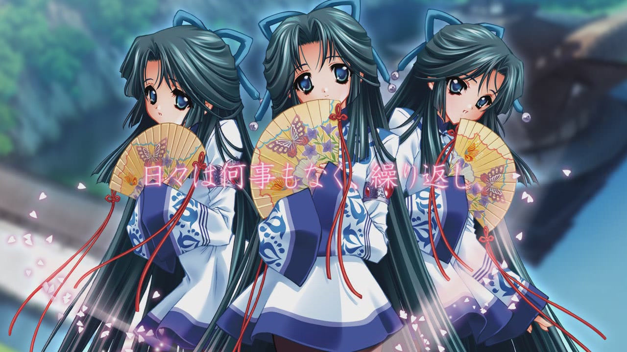carnelian, kochou hibari, kochou suzume, kochou tsubame, root (company), touka gettan, translation request, 00s, 3girls, :o, black hair, blue eyes, bow, cherry blossoms, folding fan, hair bow, hand fan, head tilt, hime cut, japanese clothes, kimono, lineup, long hair, long sleeves, multiple girls, open mouth, pantyhose, parted bangs, petals, ribbon, siblings, sisters, smile, triplets, very long hair