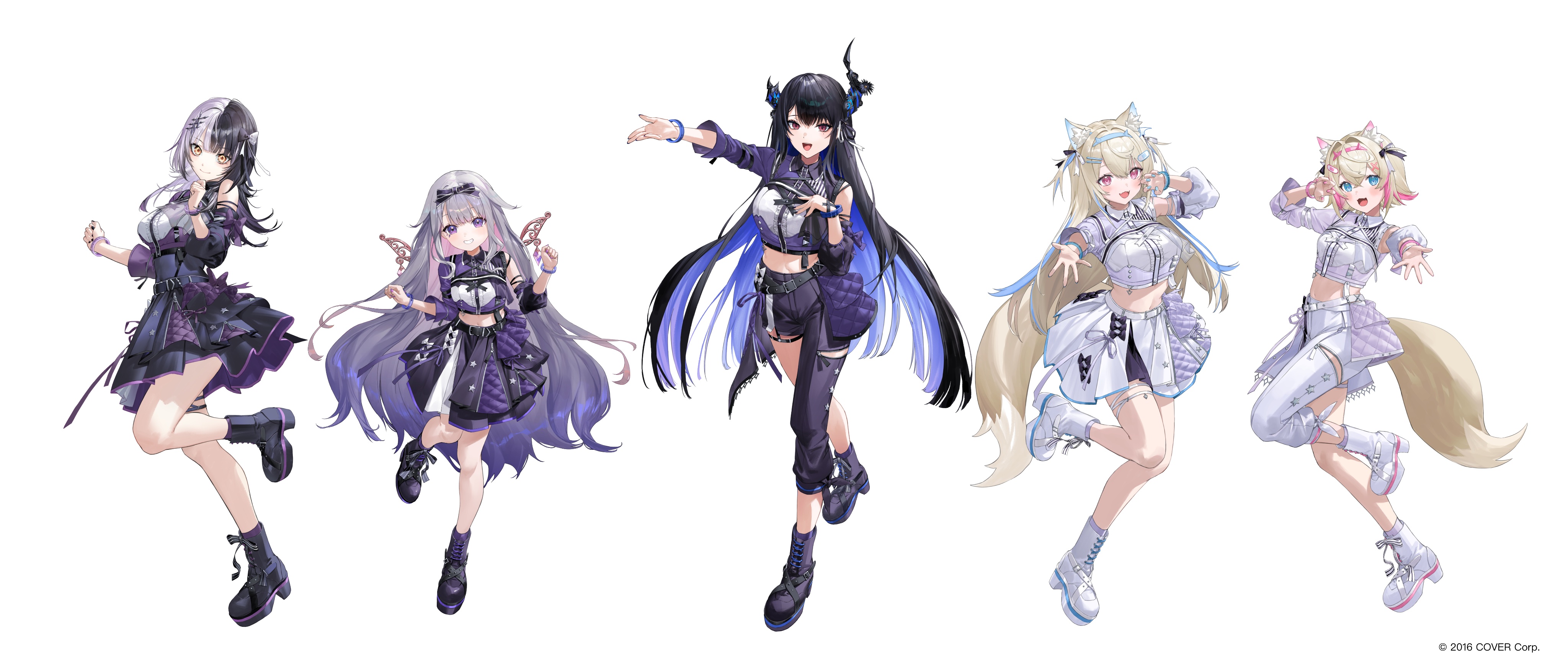 matsuura kento, fuwawa abyssgard, koseki bijou, mococo abyssgard, nerissa ravencroft, shiori novella, holoadvent, hololive, hololive english, absurdres, commentary request, highres, official art, 5girls, animal ears, asymmetrical clothes, asymmetrical horns, bandaid, bandaid hair ornament, black boots, black hair, black pants, black skirt, blonde hair, blue eyes, blue hair, blue hairband, boots, center-flap bangs, collared shirt, colored inner hair, copyright notice, cropped shirt, crossed bangs, crystal wings, detached sleeves, detached wings, dog ears, dog girl, dog tail, double-parted bangs, double halo, flower, full body, gem, grey hair, hair between eyes, hair flaps, hair intakes, hair ornament, hairband, hairclip, halo, heterochromia, hololive idol uniform (color rise), horn flower, horn hairband, horns, idol, idol clothes, jewel under eye, lace-up boots, long hair, low-tied long hair, metal wings, midriff, mole, mole under eye, multicolored hair, multiple girls, official alternate costume, pants, pink eyes, pink hair, pink hairband, platform boots, pointy ears, puffy detached sleeves, puffy short sleeves, puffy sleeves, purple eyes, purple gemstone, purple hair, red eyes, red hair, shirt, short hair, short sleeves, siblings, sidelocks, simple background, single detached sleeve, single pantsleg, single sleeve, sisters, skirt, split-color hair, star halo, streaked hair, tail, thigh strap, twins, two side up, uneven horns, very long hair, virtual youtuber, white background, white boots, white pants, white skirt, wings, x hair ornament, yellow eyes