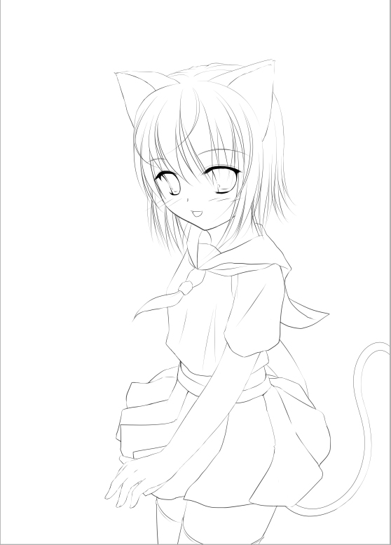 merumeru, animal ears, cat ears, cat tail, greyscale, monochrome, school uniform, serafuku, solo, tail, thighhighs