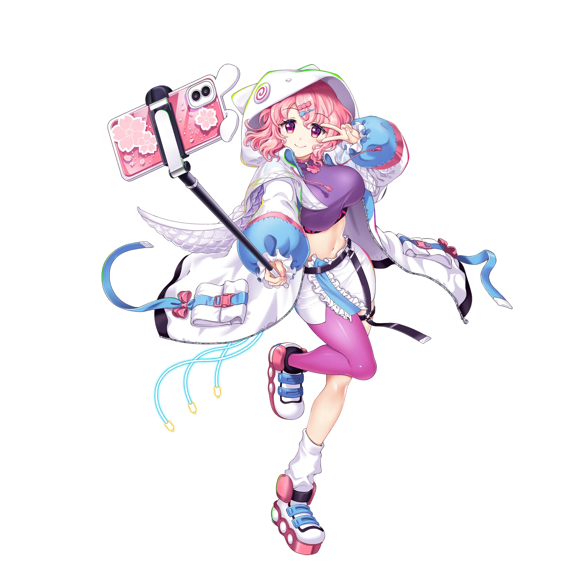 rotte (1109), saigyouji yuyuko, saigyouji yuyuko (cyber ghost), touhou, touhou lostword, bad link, game cg, highres, official art, third-party source, 1girl, alternate costume, asymmetrical legwear, breasts, bug, butterfly, cellphone, closed mouth, flower in eye, ghost, heart, holding, hood, hoodie, huge breasts, insect, leg up, long sleeves, looking at viewer, midriff, miniskirt, navel, one eye closed, pantyhose, phone, pink eyes, pink hair, pink pantyhose, puffy long sleeves, puffy sleeves, selfie, selfie stick, shoes, single leg pantyhose, single sock, skirt, smartphone, smile, sneakers, socks, solo, symbol in eye, transparent background, uneven legwear, v, v over eye, white hoodie, white skirt, white socks