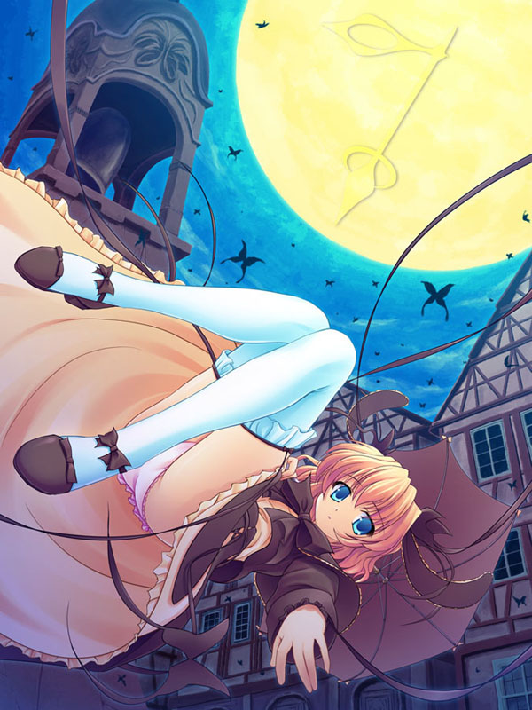 yuku (kiollion), copyright request, blonde hair, blue eyes, panties, pantyshot, solo, thighhighs, umbrella, umbrella riding, underwear