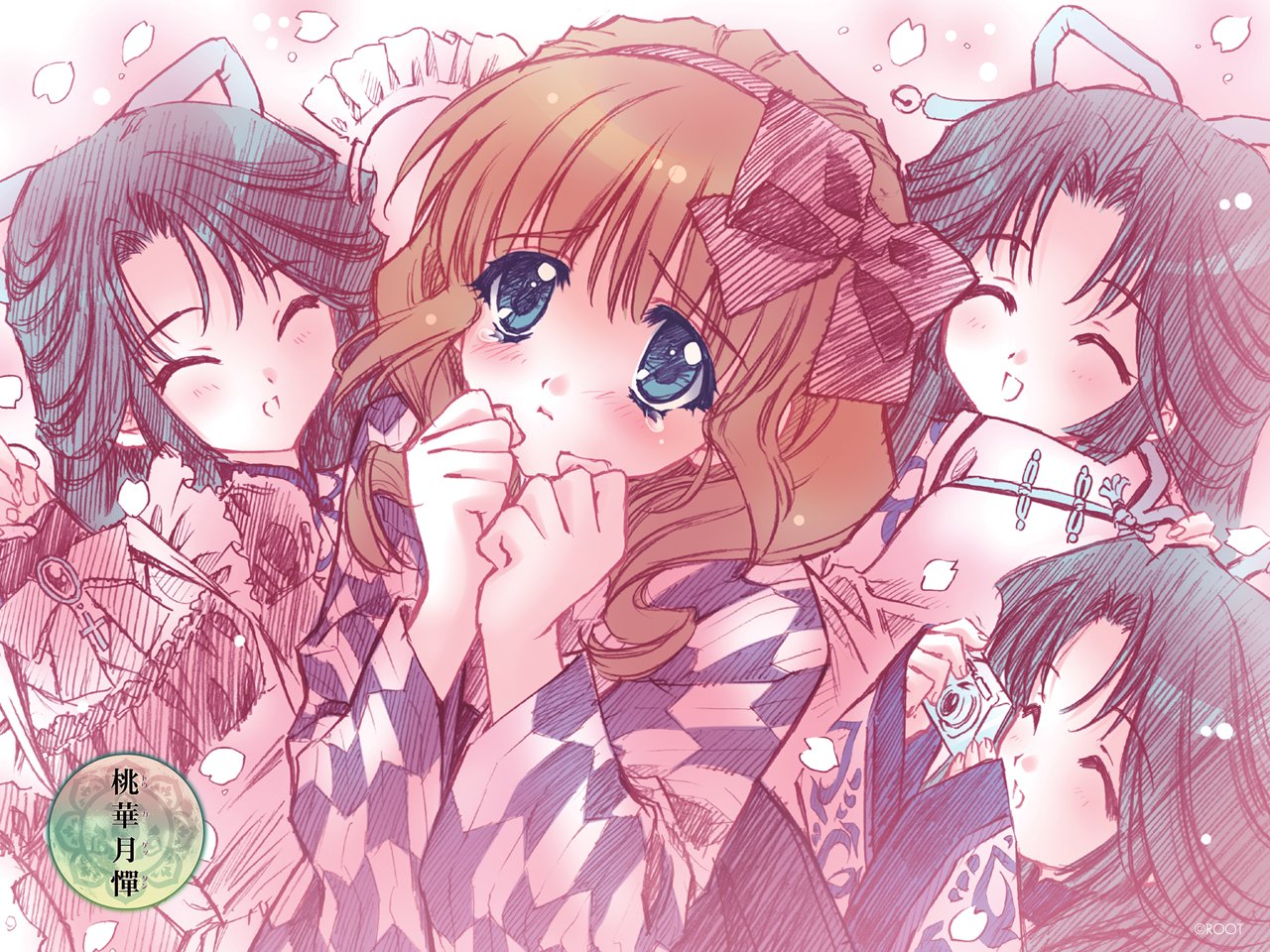 carnelian, kochou hibari, kochou suzume, kochou tsubame, shirakawa asuna, root (company), touka gettan, 00s, 4girls, multiple girls, siblings, sisters, smile, triplets, yagasuri