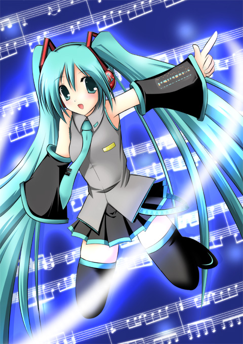 ayane yuu (iro asobi), ayase mizuki, hatsune miku, vocaloid, 1girl, detached sleeves, female focus, green hair, long hair, musical note, musical staff, necktie, quaver, solo, thighhighs, twintails, very long hair