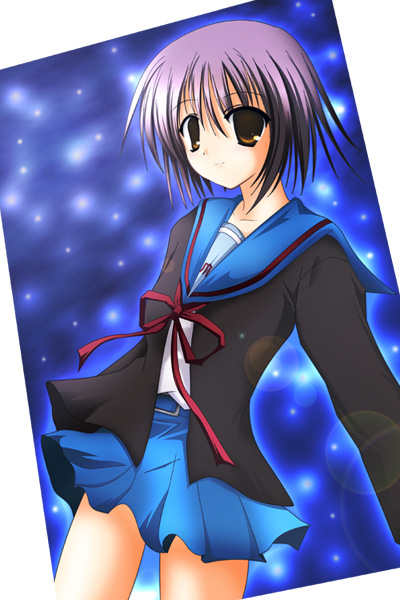 ayane yuu (iro asobi), ayase mizuki, nagato yuki, suzumiya haruhi no yuuutsu, lowres, 00s, 1girl, brown eyes, female focus, looking at viewer, purple hair, school uniform, serafuku, short hair, smile, solo, standing, thighs