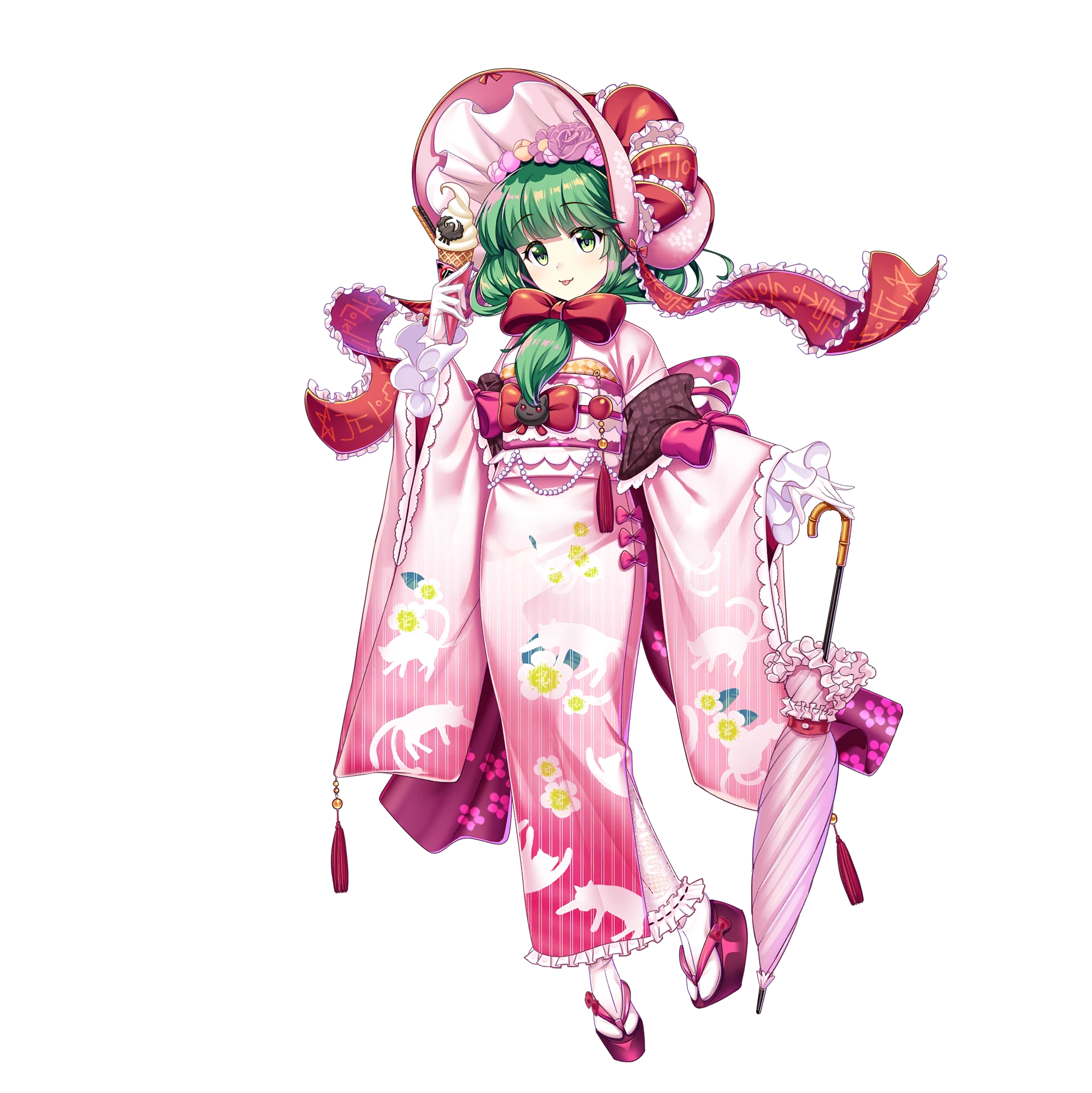 rotte (1109), kagiyama hina, touhou, touhou lostword, bad link, highres, official art, third-party source, 1girl, alternate costume, animal print, bow, cat print, food, frilled kimono, frills, front ponytail, full body, gloves, green eyes, green hair, hat, holding, holding food, holding ice cream, ice cream, japanese clothes, kagiyama hina (secluded spring cleansing), kimono, looking at viewer, onsen, pink hat, pink kimono, red bow, smile, solo, white gloves, wide sleeves, yukata