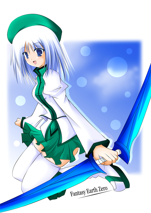 ayane yuu (iro asobi), ayase mizuki, fantasy earth zero, 1girl, bad anatomy, blue eyes, female focus, hat, poorly drawn, solo, thighhighs, white hair