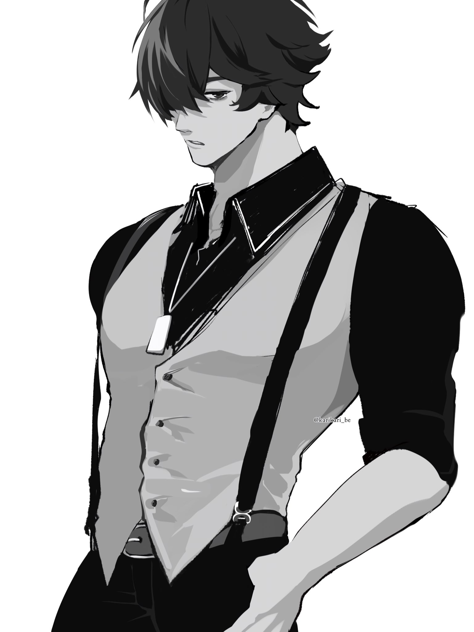 lighter (zenless zone zero), zenless zone zero, commentary, highres, symbol-only commentary, 1boy, alternate costume, belt, belt buckle, buckle, buttons, closed mouth, collared shirt, greyscale, hair over one eye, hand in pocket, hand on own hip, jewelry, karikari be, looking to the side, male focus, monochrome, necklace, one eye covered, open collar, pants, parted bangs, shirt, short hair, sideways glance, simple background, sleeves rolled up, solo, suspenders, vest, white background, wing collar