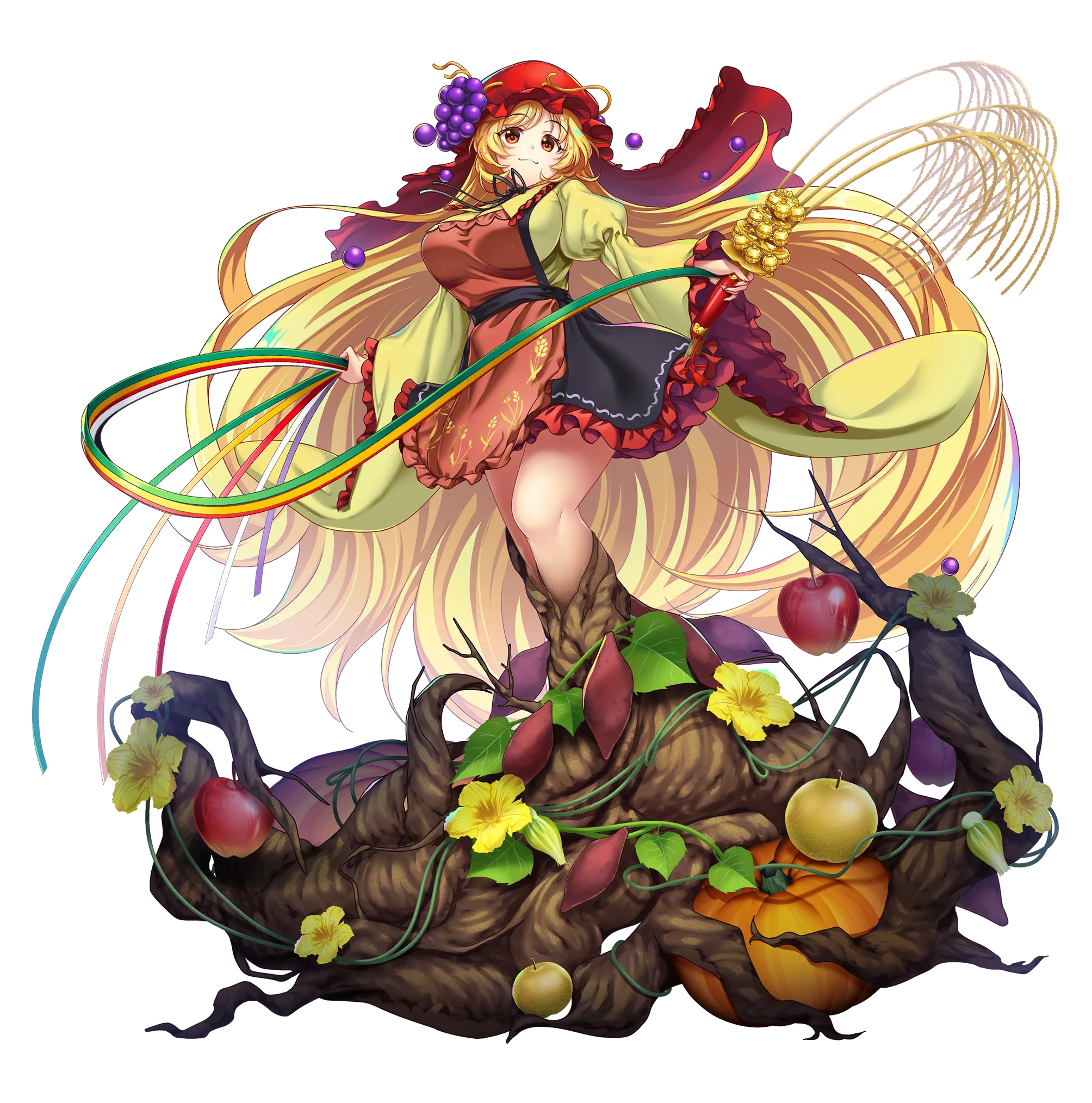 rotte (1109), aki minoriko, aki minoriko (symbol of overly abundant harvests), touhou, touhou lostword, bad link, game cg, highres, official art, third-party source, 1girl, aged up, alternate hair length, alternate hairstyle, apple, bell, blonde hair, breasts, dress, flower, food, frilled dress, frills, fruit, full body, grape vine, jingle bell, juliet sleeves, kagura suzu, large breasts, long hair, long sleeves, looking at viewer, orange eyes, plant roots, puffy sleeves, pumpkin, solo, squash blossom, transparent background, very long hair, wide sleeves, yellow flower