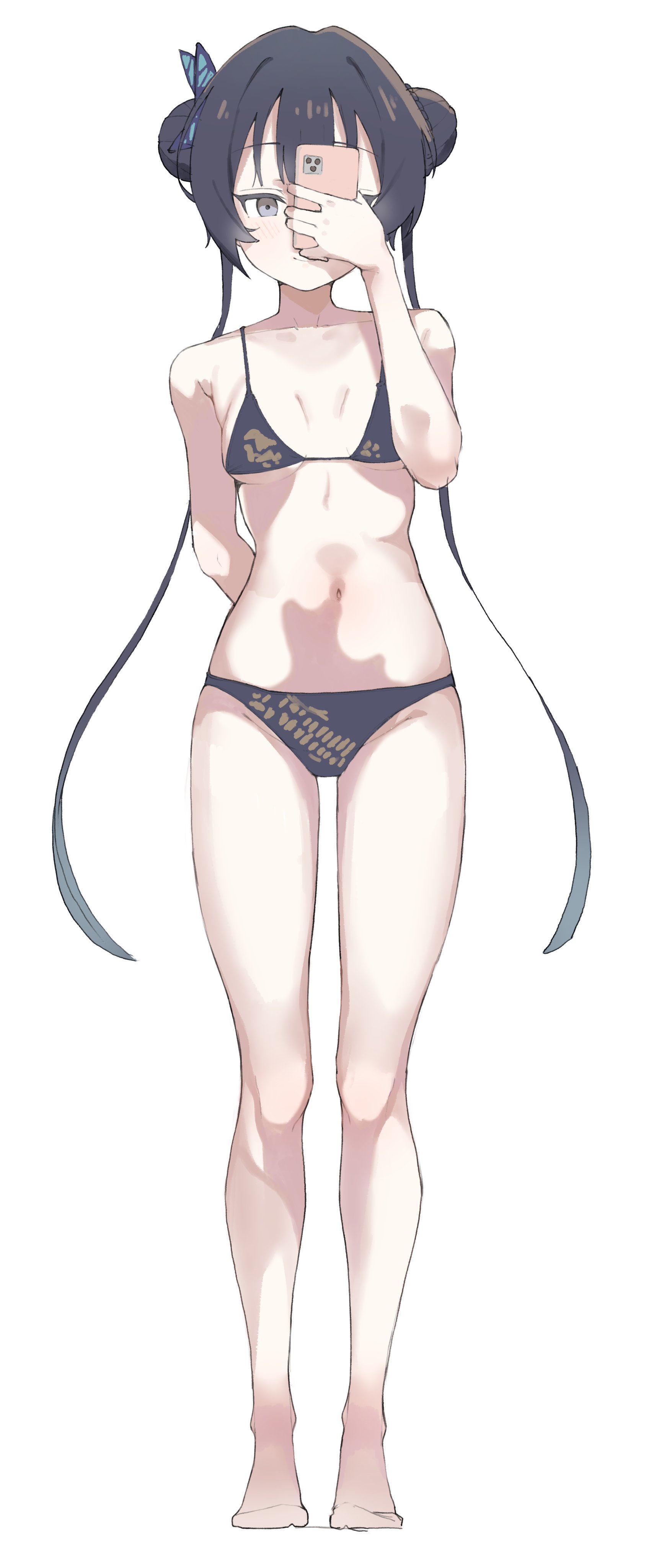 s10021, kisaki (blue archive), blue archive, absurdres, highres, 1girl, barefoot, bikini, black bikini, black hair, cellphone, double bun, dragon print, full body, hair bun, long hair, phone, simple background, solo, swimsuit, taking picture, twintails, white background