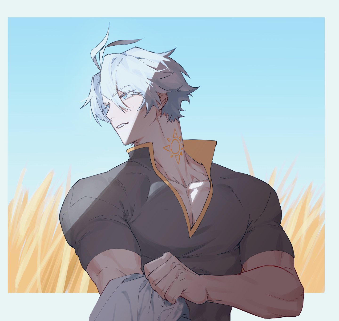 gaeha is, phainon (honkai: star rail), honkai: star rail, honkai (series), highres, 1boy, black shirt, blue eyes, blue sky, border, crossed bangs, gold tattoo, grass, grey hair, grin, hair between eyes, looking afar, male focus, muscular, muscular male, neck tattoo, outdoors, parted bangs, pectoral cleavage, pectorals, shirt, short hair, sky, smile, solo, sun symbol, sun tattoo, tan, tattoo, teeth, upper body, white border, yellow pupils