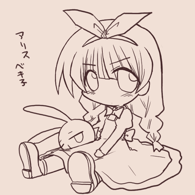 ikkyuu, alice (alice in wonderland), mesousa, rebecca miyamoto, alice's adventures in wonderland, pani poni dash!, lowres, 00s, 1girl, braid, child, female focus, monochrome, sepia, solo, twin braids