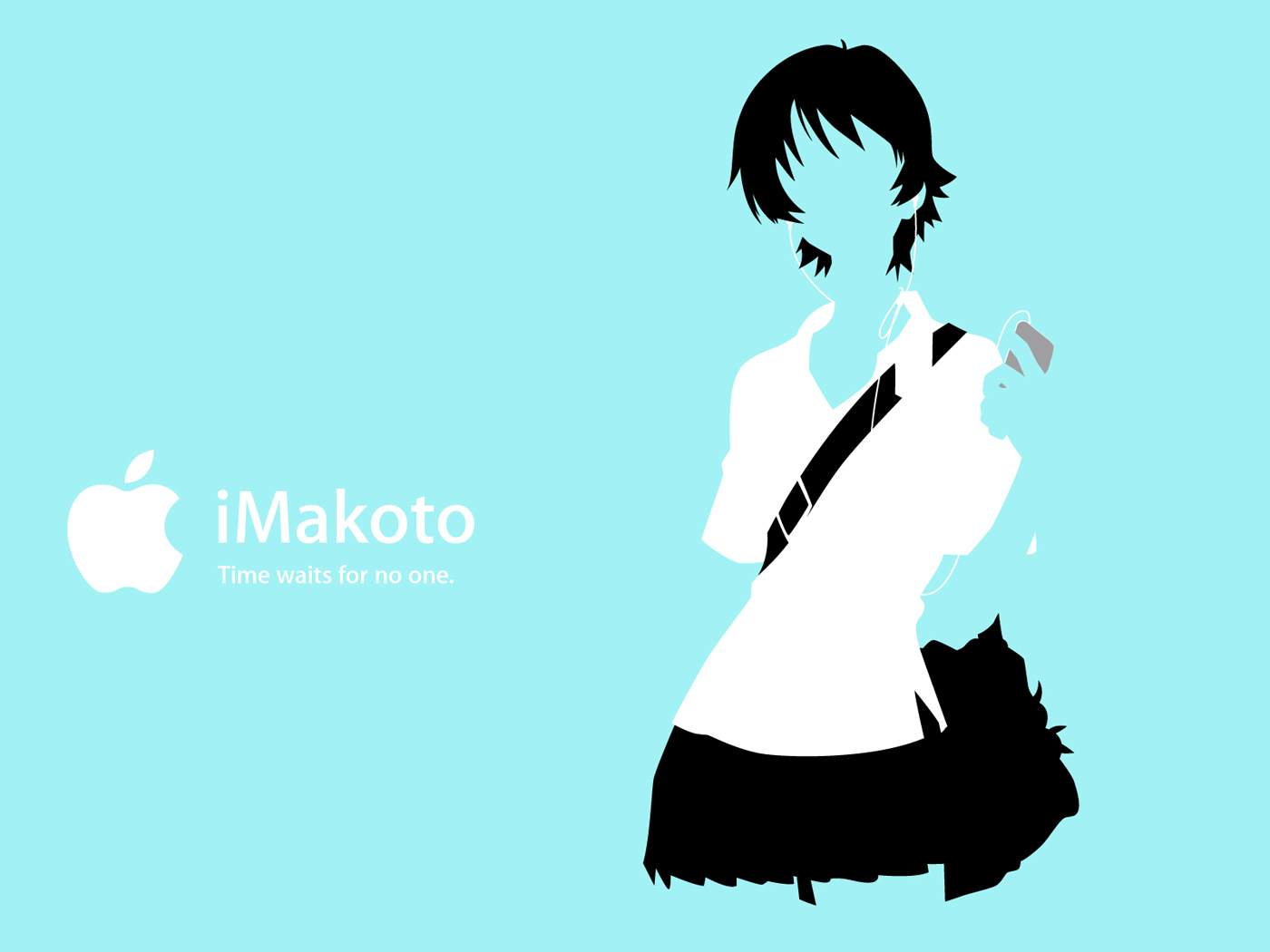 konno makoto, toki wo kakeru shoujo, 00s, 1girl, aqua background, aqua theme, blue theme, digital media player, female focus, ipod, ipod ad, monochrome, short hair, skirt, solo