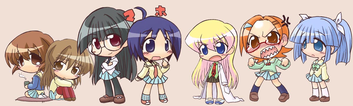 ikkyuu, ichijou, katagiri himeko, maho, momose kurumi, rebecca miyamoto, suzuki sayaka, tachibana rei, uehara miyako, pani poni dash!, beige background, 00s, 6+girls, ahoge, anger vein, angry, arms at sides, black hair, blonde hair, blue eyes, blue hair, blush, bow, bowtie, brown eyes, brown hair, chibi, everyone, full body, glasses, green shirt, green skirt, lab coat, long hair, long sleeves, looking at viewer, multiple girls, pantyhose, pleated skirt, ponytail, red-framed eyewear, red eyes, red hair, rimless eyewear, sailor collar, school uniform, serafuku, shirt, short hair, simple background, skirt, standing, tea, very long hair