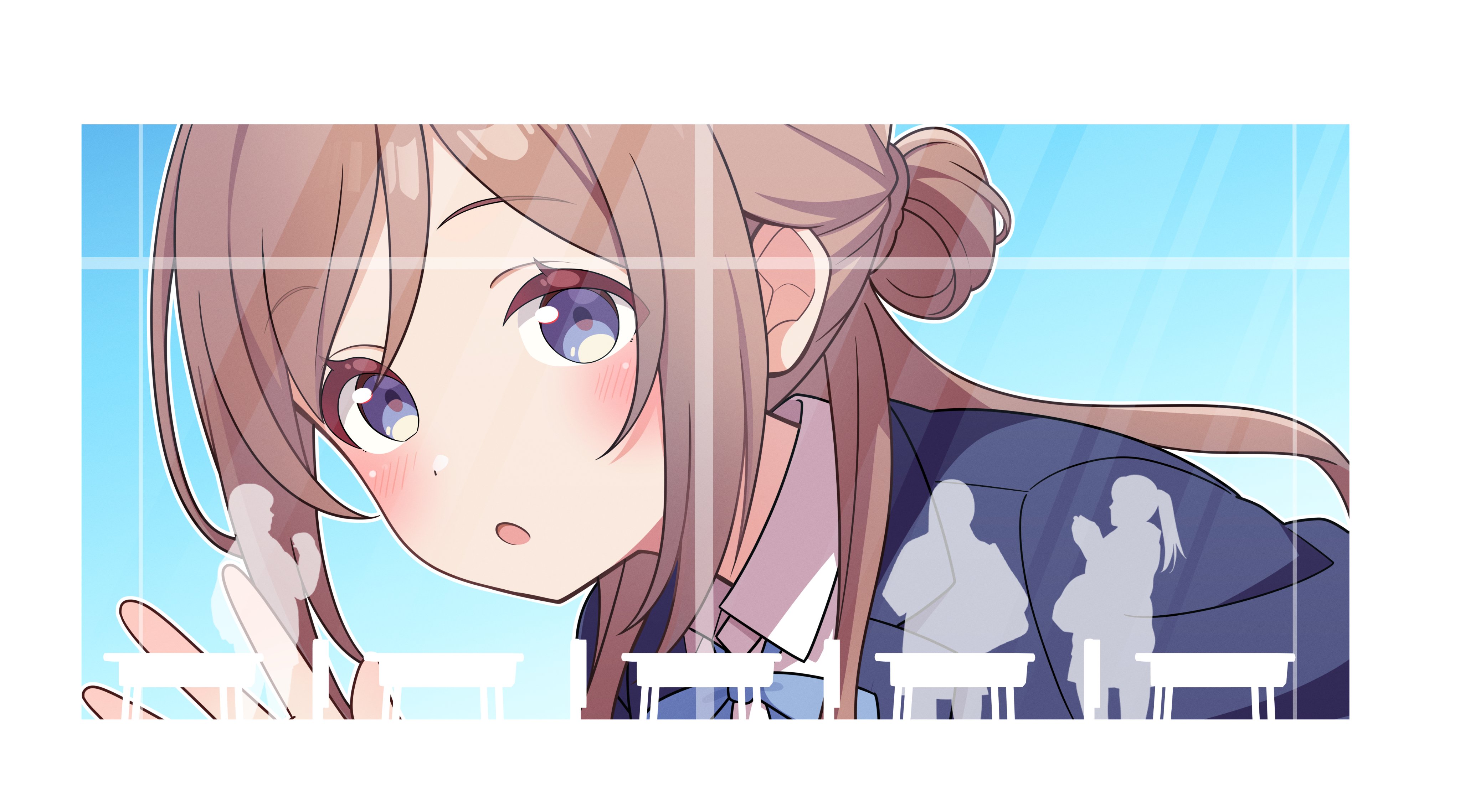 toxic pter, himesaki rinami, gakuen idolmaster, idolmaster, absurdres, highres, 1girl, blazer, blue eyes, blue ribbon, brown hair, giant, giantess, hair bun, hatsuboshi gakuen school uniform, jacket, long hair, looking at viewer, neck ribbon, open mouth, ribbon, school uniform, single side bun