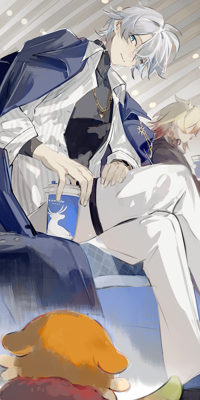 mississipping, mydei (fig stew) (honkai: star rail), mydei (honkai: star rail), phainon (honkai: star rail), honkai: star rail, honkai (series), chinese commentary, commentary request, highres, 2boys, antenna hair, black sweater, blonde hair, blue coat, blue eyes, chimera (honkai: star rail), coat, coat on shoulders, collared shirt, cup, disposable coffee cup, disposable cup, gradient hair, holding, holding cup, male focus, multicolored hair, multiple boys, official alternate costume, open clothes, open coat, open shirt, pants, parted bangs, phainon (luckin coffee) (honkai: star rail), red hair, shirt, short hair, sitting, sweater, thigh strap, turtleneck, turtleneck sweater, white hair, white pants, white shirt