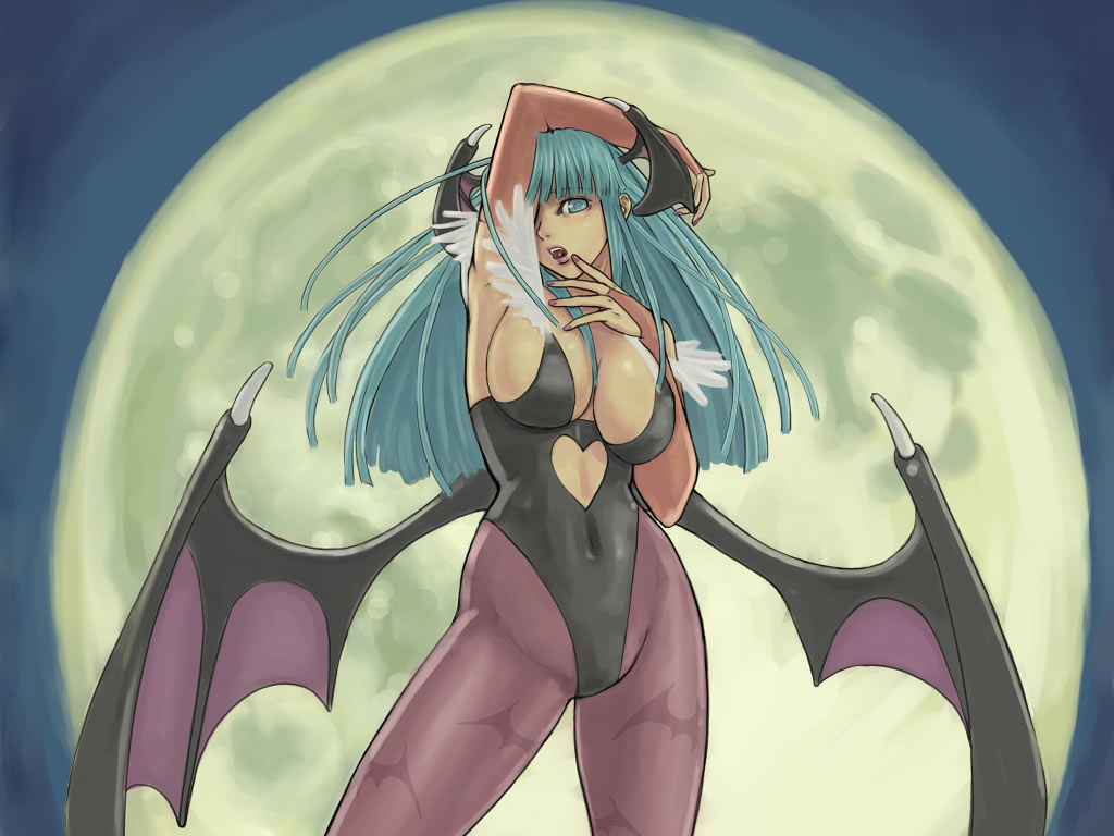 ark (morita hitomi), morrigan aensland, capcom, darkstalkers, 1girl, animal print, bat print, breasts, cleavage, cowboy shot, demon girl, elbow gloves, female focus, full moon, gloves, head wings, large breasts, leotard, moon, pantyhose, patterned legwear, print pantyhose, solo, wings
