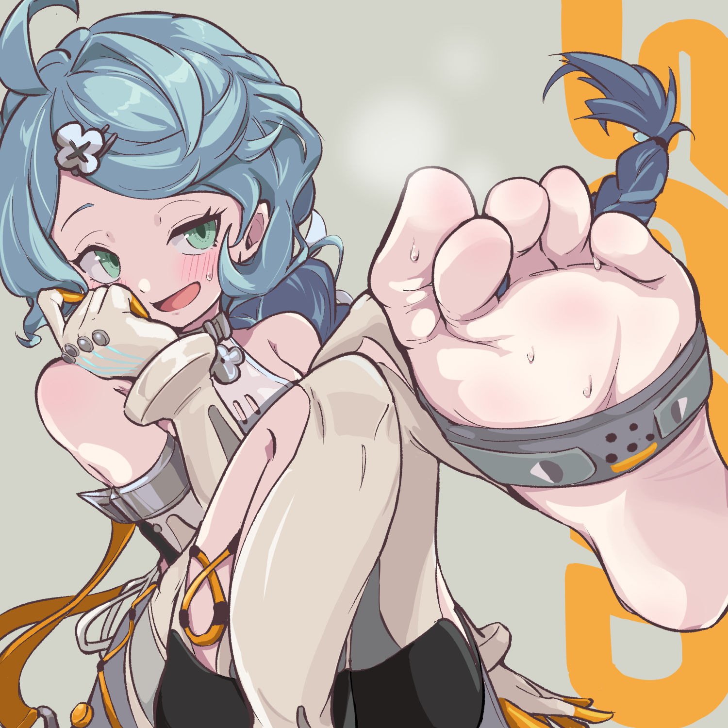 cashew 0 dgren, seed (zenless zone zero), zenless zone zero, highres, 1girl, barefoot, blue hair, blush, feet, green eyes, long hair, looking at viewer, open mouth, soles, steam, stirrup legwear, sweat, toeless legwear, toes