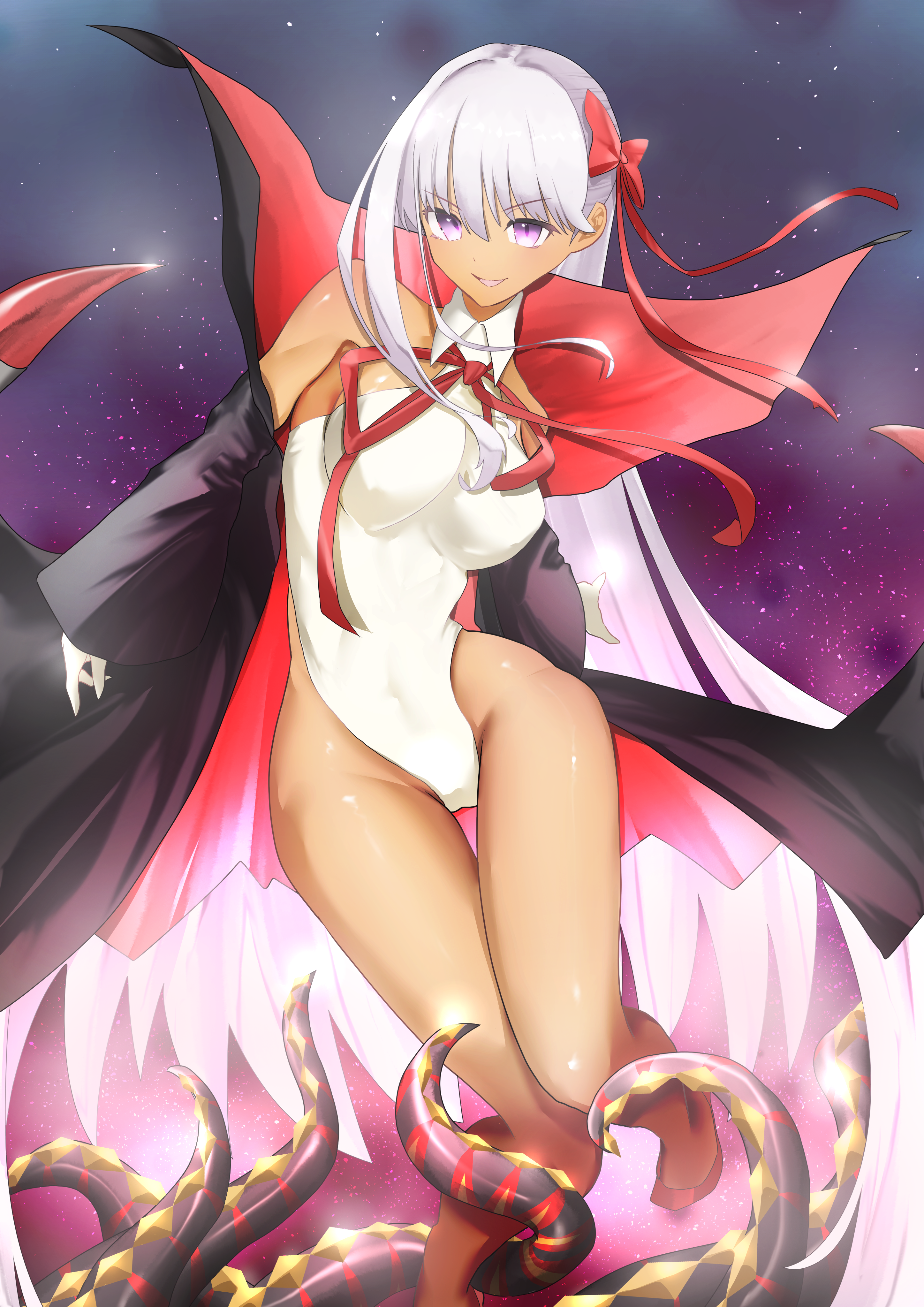 beatrix vivi, bb (fate), bb (swimsuit mooncancer) (third ascension) (fate), fate/grand order, fate (series), absurdres, highres, 1girl, bare shoulders, bat wings, black coat, blush, breasts, coat, dark-skinned female, dark skin, gloves, grin, hair ribbon, high heels, highleg, highleg leotard, large breasts, leotard, long hair, looking at viewer, neck ribbon, open clothes, open coat, popped collar, purple eyes, purple hair, red ribbon, ribbon, smile, solo, tan, tentacles, thighs, very long hair, white gloves, white leotard, wings