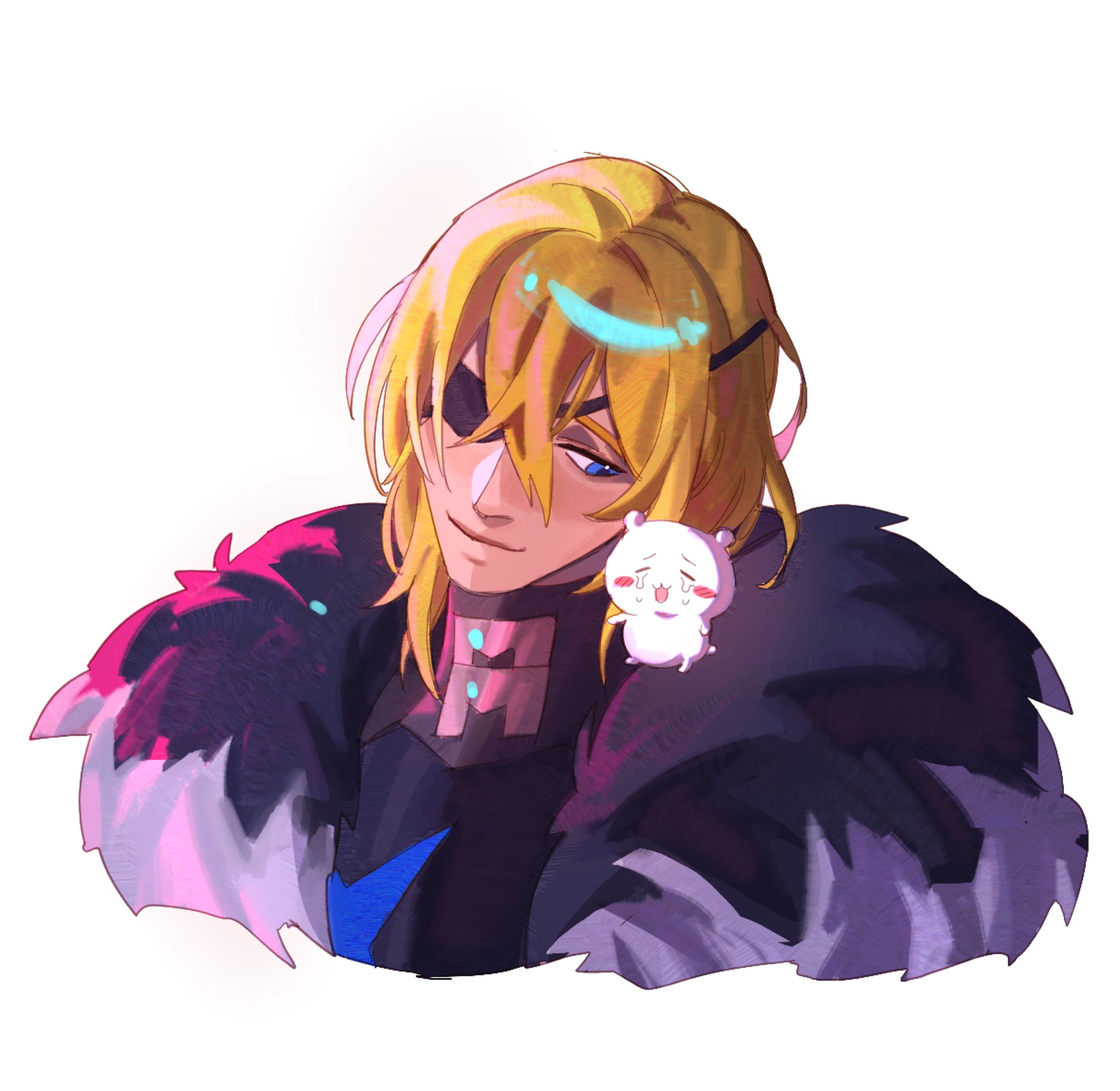 dimitri alexandre blaiddyd, dimitri alexandre blaiddyd (timeskip), chiikawa, fire emblem, fire emblem: three houses, nintendo, commentary, english commentary, highres, 1boy, armor, black armor, black fur, blonde hair, blue eyes, blush stickers, breastplate, closed eyes, closed mouth, creature, cropped shoulders, crying, double-parted bangs, eyepatch, looking at another, looking to the side, m0onie9, male focus, medium hair, on shoulder, one eye covered, open mouth, sideways glance, simple background, sitting, smile, white background, white fur