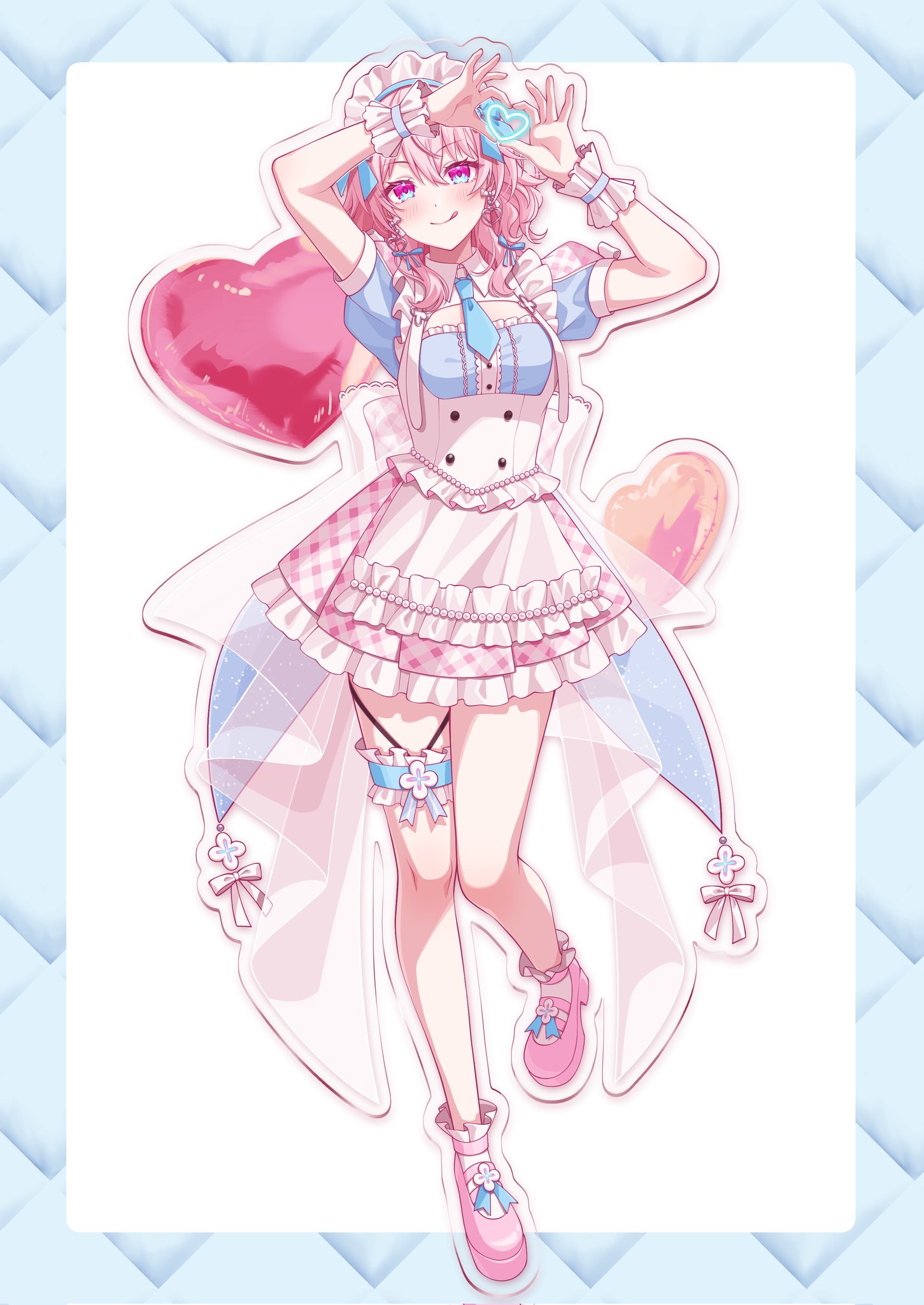 pochimaru (marumaru wanwan), march 7th (honkai: star rail), honkai: star rail, honkai (series), commentary, highres, 1girl, alternate costume, blue bow, blue dress, blue eyes, blue necktie, border, bow, collared dress, dress, earrings, enmaided, hair bow, heart, heart earrings, heart hands, high heels, jewelry, licking lips, looking at viewer, maid, maid headdress, multicolored eyes, necktie, pink eyes, pink hair, pink shoes, puffy short sleeves, puffy sleeves, shoes, short necktie, short sleeves, skirt, solo, tongue, tongue out, two-tone eyes, upper body, white border, white headdress