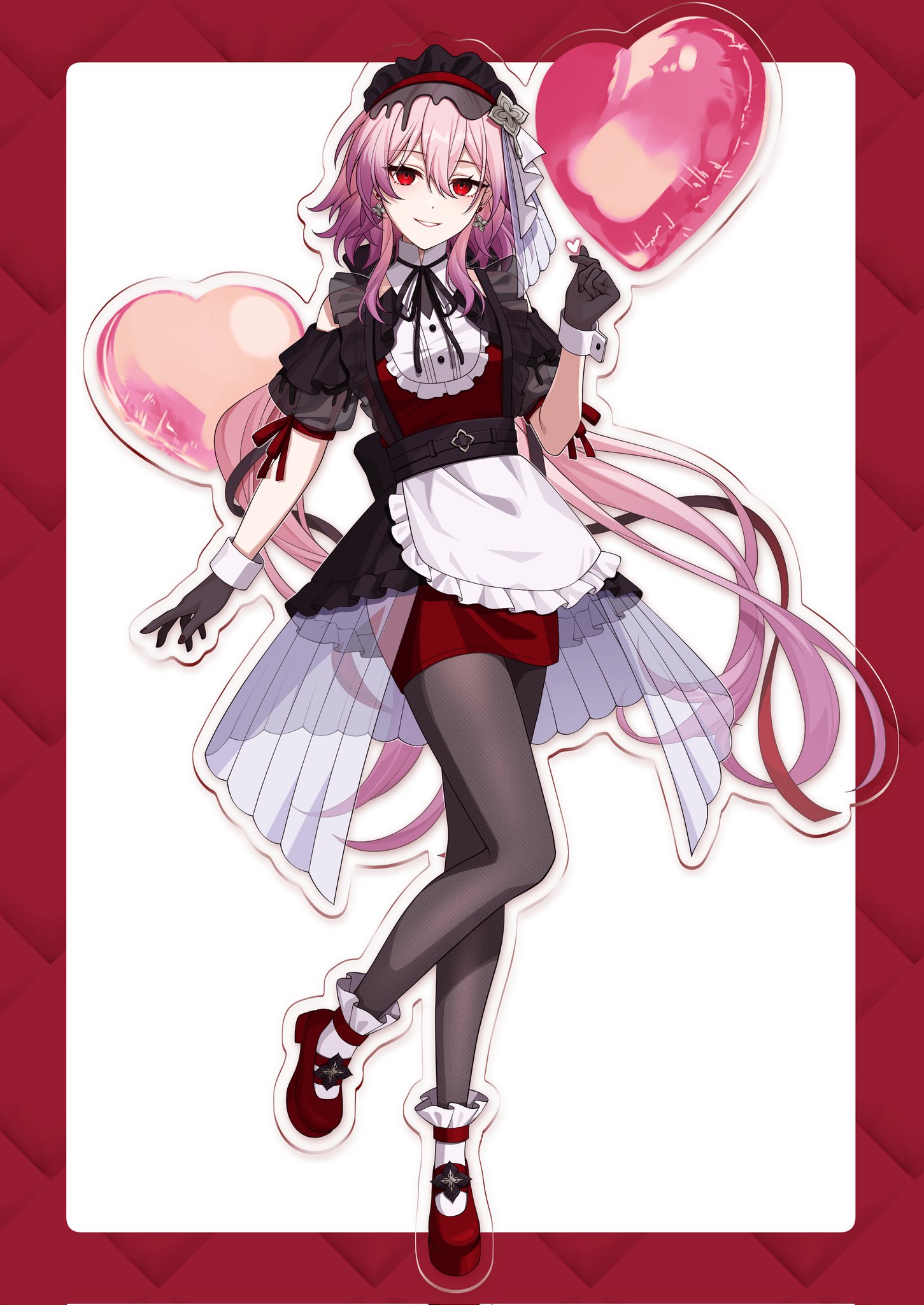 pochimaru (marumaru wanwan), evernight (honkai: star rail), march 7th (honkai: star rail), honkai: star rail, honkai (series), highres, 1girl, apron, black gloves, black ribbon, brown pantyhose, brown thighhighs, earrings, gloves, grin, hairband, hand up, heart, high heels, jewelry, long hair, looking at viewer, neck ribbon, pantyhose, pink hair, red eyes, red shoes, red skirt, ribbon, shoes, short sleeves, skirt, smile, solo, thighhighs, upper body, very long hair, waist apron, white apron