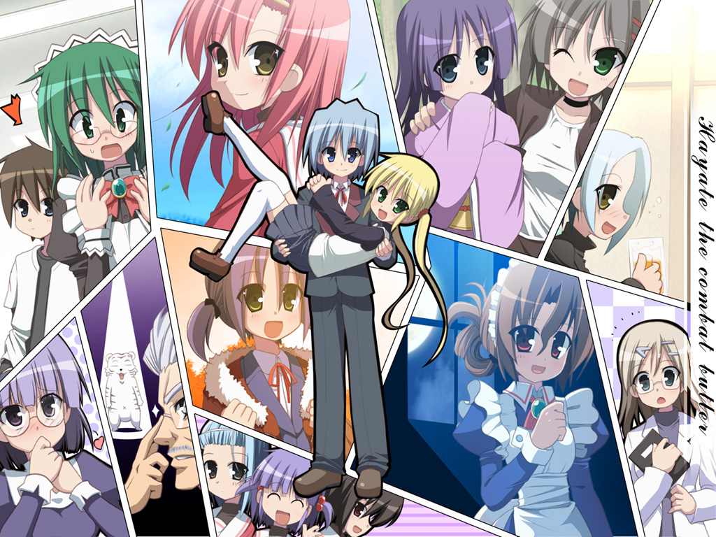 aizawa sakuya, asakaze risa, ayasaki hayate, hanabishi miki, katsura hinagiku, katsura yukiji, kijima saki, klaus seishirou, makimura shiori, maria (hayate no gotoku!), nishizawa ayumu, saginomiya isumi, sanzen'in nagi, segawa izumi, sonia shaflnarz, tachibana wataru, tama (hayate no gotoku), hayate no gotoku!, brown footwear, white legwear, 00s, 3boys, 6+girls, ;d, beer mug, blonde hair, blue eyes, blue hair, book, bow, bowtie, brown eyes, brown hair, clenched hand, coat, copyright name, cup, facial hair, folded ponytail, formal clothes, glasses, green eyes, green hair, grey hair, hair bobbles, hair ornament, hairband, hairpin, heart, juliet sleeves, long sleeves, maid, maid headdress, mug, multiple boys, multiple girls, mustache, nun, one eye closed, open mouth, over-kneehighs, pink hair, puffy sleeves, purple hair, red eyes, round eyewear, school uniform, shoes, skirt, smile, spotlight, suit, thighhighs, tiger, twintails, white tiger