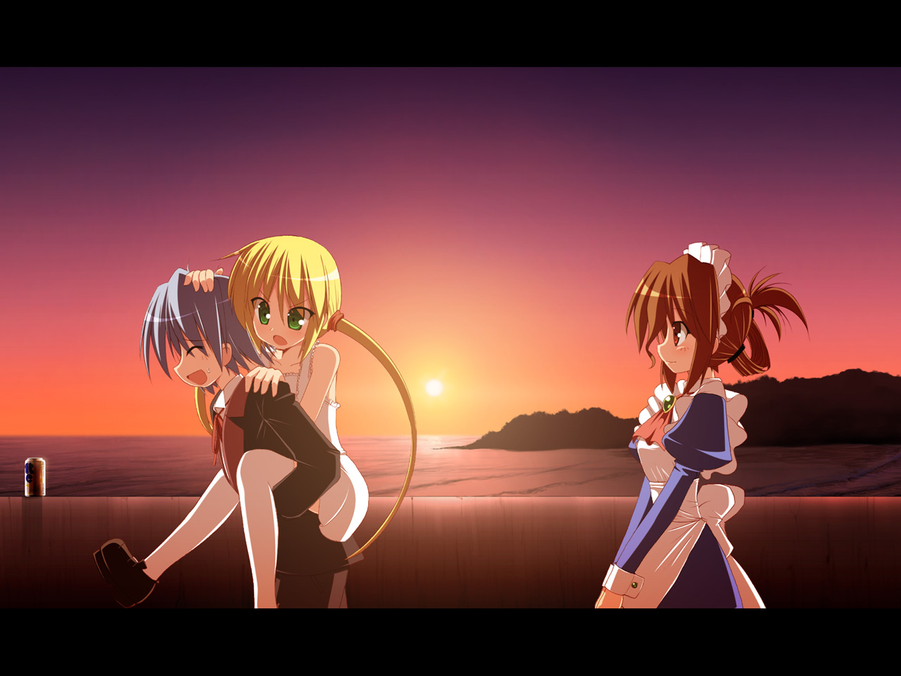 ayasaki hayate, maria (hayate no gotoku!), sanzen'in nagi, hayate no gotoku!, 00s, 1boy, 2girls, beach, carrying, folded ponytail, letterboxed, maid, multiple girls, ocean, piggyback, sunset, thighhighs