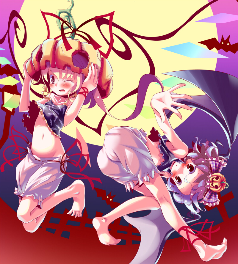 takahero, flandre scarlet, remilia scarlet, touhou, 2girls, barefoot, bat (animal), bloomers, fang, feet, female focus, food-themed hair ornament, foreshortening, full moon, hair ornament, halloween, jack-o'-lantern, moon, multiple girls, pumpkin, pumpkin hair ornament, pumpkin hat, siblings, sisters, underwear, white bloomers, wings