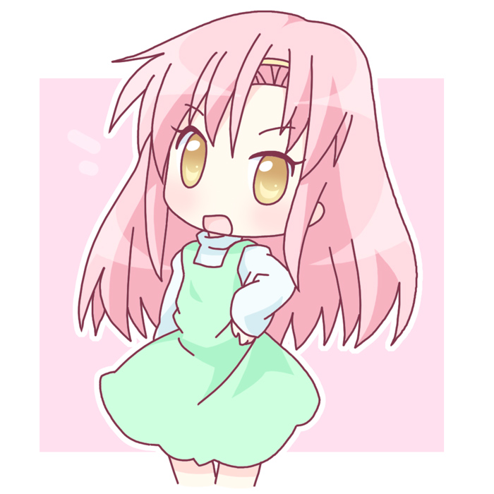 mirai (sugar), katsura hinagiku, hayate no gotoku!, 00s, 1girl, :d, brown eyes, chibi, dress, female focus, green dress, hair ornament, hairpin, hand on own hip, long hair, long sleeves, open mouth, pink hair, smile, solo