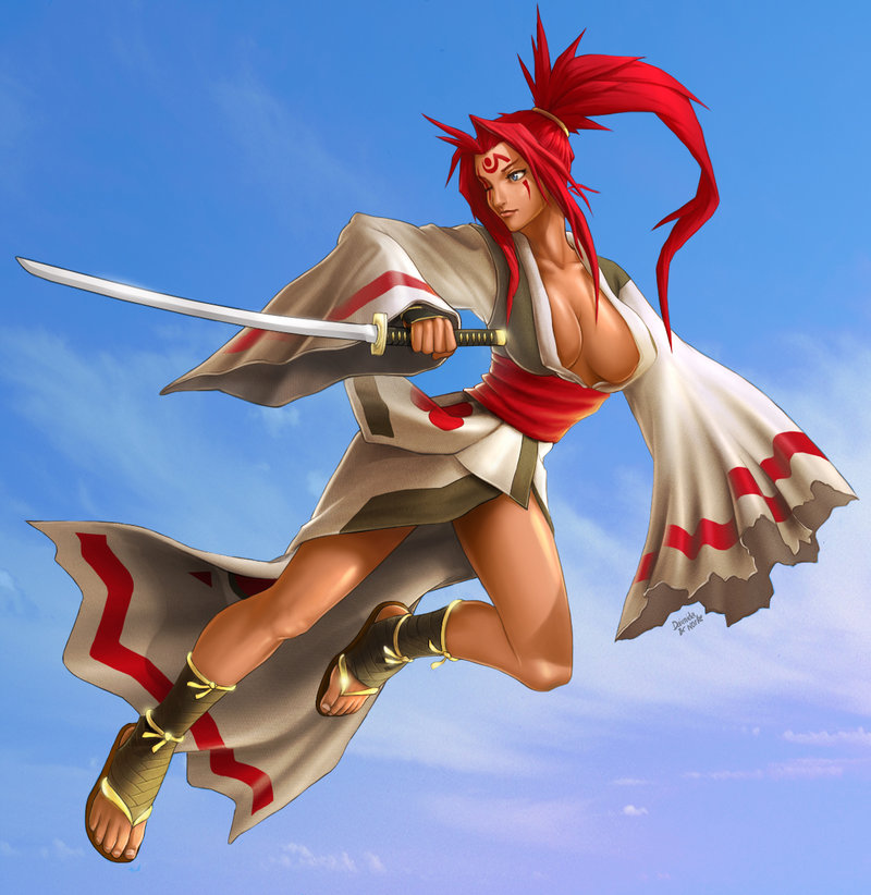 baiken, arc system works, guilty gear, 1girl, amputee, blue eyes, breasts, cleavage, day, female focus, japanese clothes, katana, kimono, large breasts, obi, one-eyed, open clothes, open kimono, red hair, sash, scar, scar across eye, scar on face, sky, solo, sword, weapon